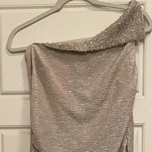 Cachet, One Shoulder Full Length Gown, Champagne Silver, Bead neck, Size 8, NWOT